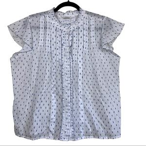 Lucky Brand White Blue Boho Flutter Cap Sleeve Hidden Button Front Blouse Top L